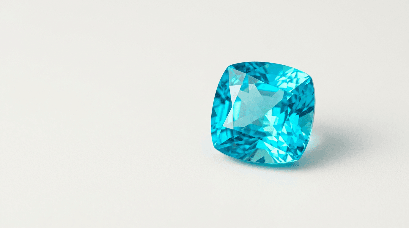 Faceted cushion-cut turquoise-blue tourmaline photographed on a white surface
